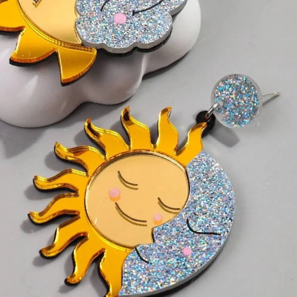 2/$30🌵 Sun & Moon Earrings Mirrored Acrylic Large Pop Art Celestial Glitter NEW